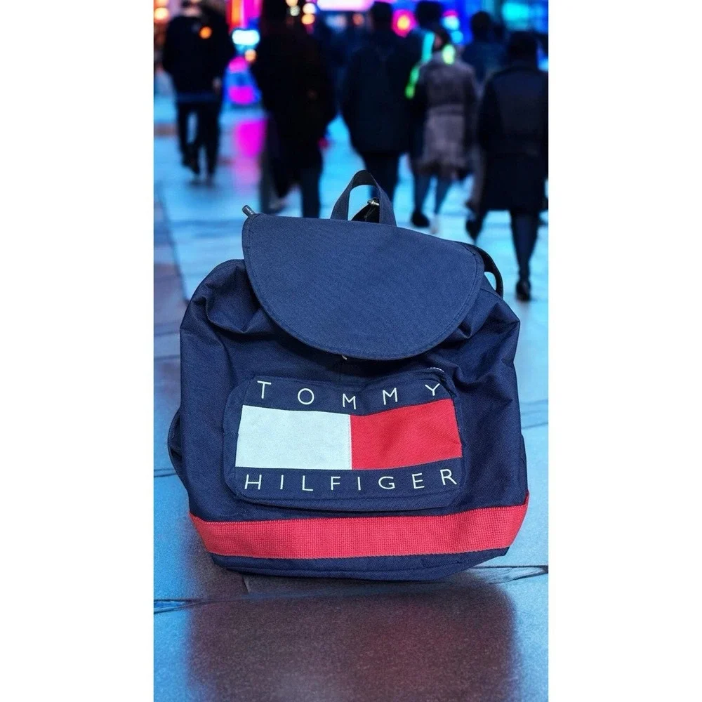 Vintage Y2K Tommy‎ Hilfiger Big Flag Logo Drawstring Backpack Bag, 90s Aesthetic